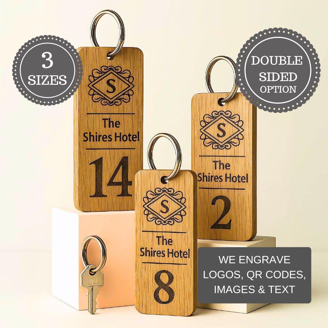 Engraved Hotel Guesthouse Keyring I Personalised Oak Keychain I Branded Business Logo Keyring