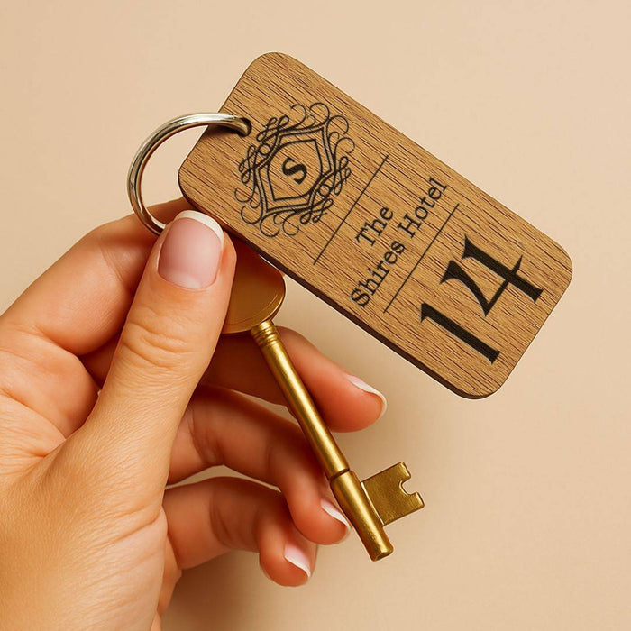 Engraved Hotel Guesthouse Keyring I Personalised Oak Keychain I Branded Business Logo Keyring