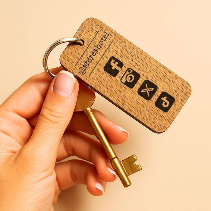 Engraved Hotel Guesthouse Keyring I Personalised Oak Keychain I Branded Business Logo Keyring
