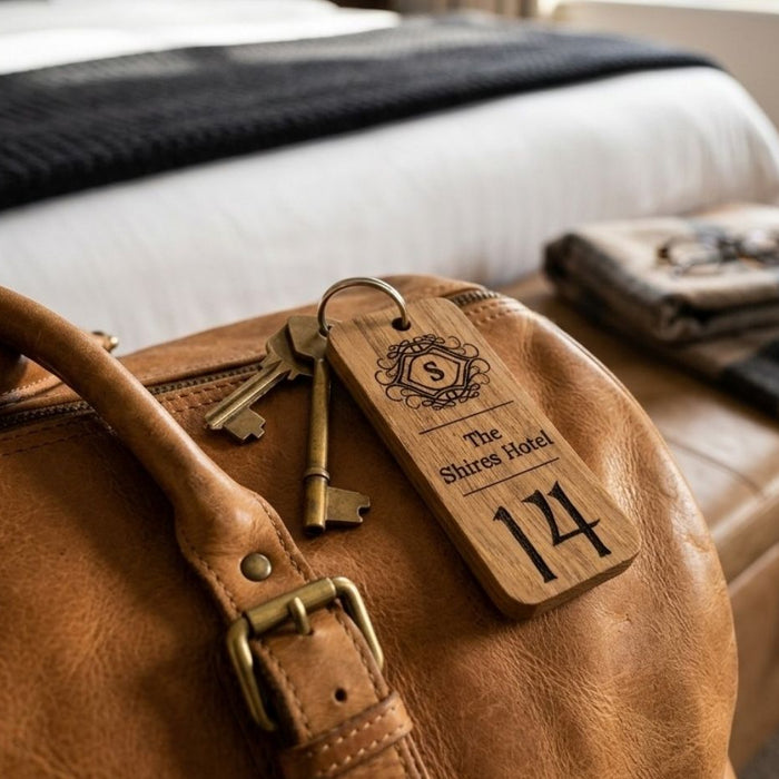 Custom Hotel Keyring, Engraved Wooden Keyrings, Personalised Guesthouse Keychain, Business Logo Key Tag, Branded Oak Wood Key Fob