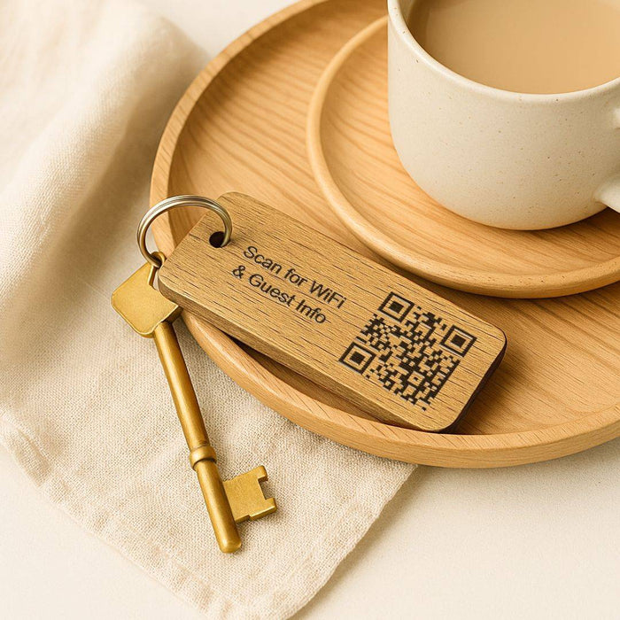 Engraved Keyrings for Airbnb & Holiday Lets | Add WiFi QR Code & Guest Welcome Info