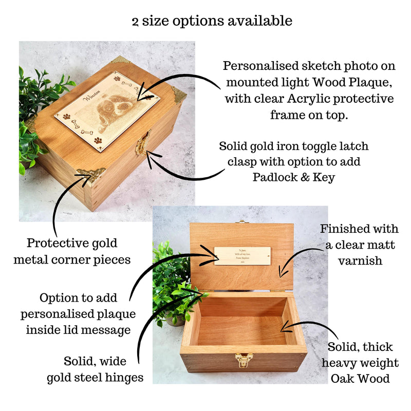 Engraved Pet Photo Keepsake Box - Solid Oak Pet Memory Box