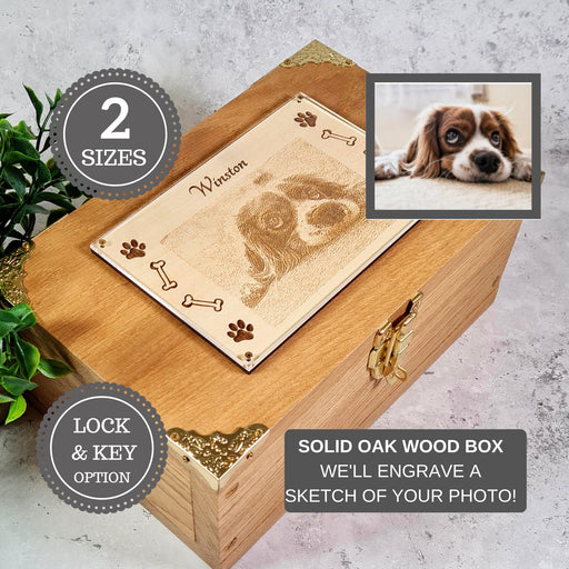 Engraved Pet Portrait Memorial Box I Oak Wood Dog Cat Keepsake Box I Animal Gift