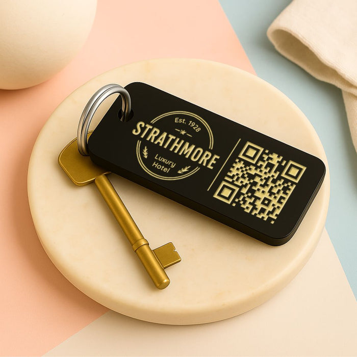 Engraved QR Keyrings for Hospitality – 3 Sizes Small to Large