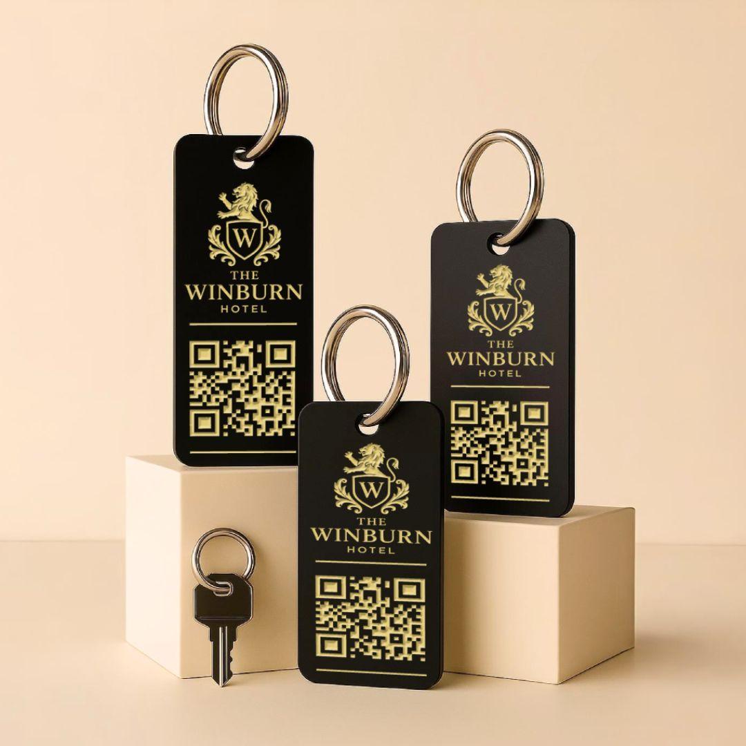 Engraved QR Keyrings for Hospitality – 3 Sizes Small to Large
