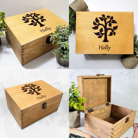 Engraved Tree Wooden Memory Storage Box I Large Family Tree Box 42cm