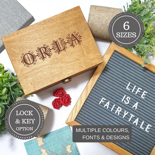 Engraved Wooden Box I Personalised Floral Monogram Box I Christmas Eve Gift Box I Birthday Present Idea