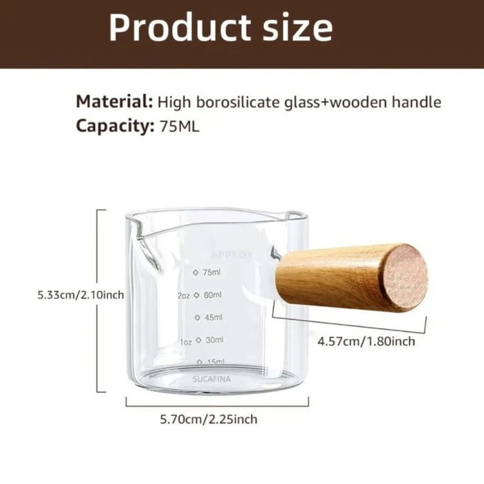 Espresso Coffee Measuring Cup 75ml – Double Spout Glass Milk Jug with Wooden Handle