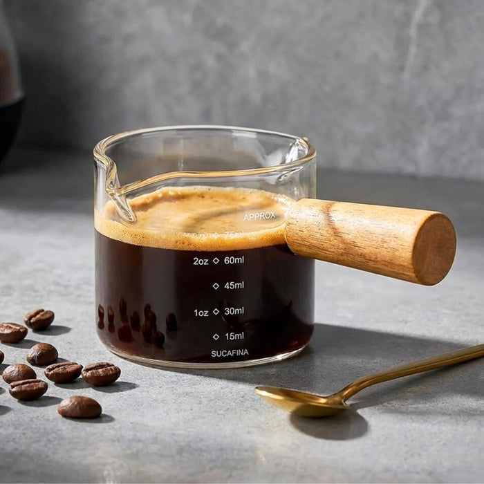 Espresso Coffee Measuring Cup 75ml – Double Spout Glass Milk Jug with Wooden Handle