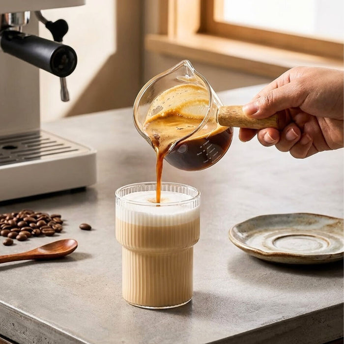 Espresso Coffee Measuring Cup 75ml – Double Spout Glass Milk Jug with Wooden Handle