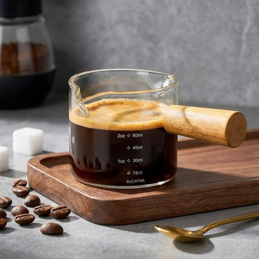 Espresso Coffee Measuring Cup 75ml – Double Spout Glass Milk Jug with Wooden Handle