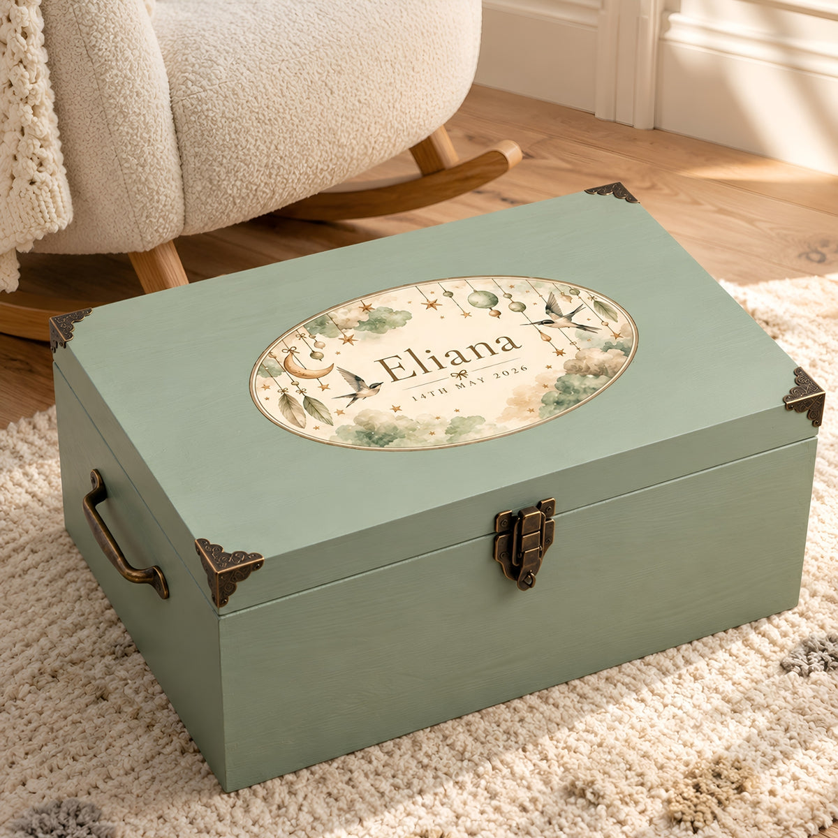 Extra Large Personalised Baby Memory Box with Lock and Cotton Lining, Wooden Keepsake Chest with Handles, Luxury New Baby and Christening Gift