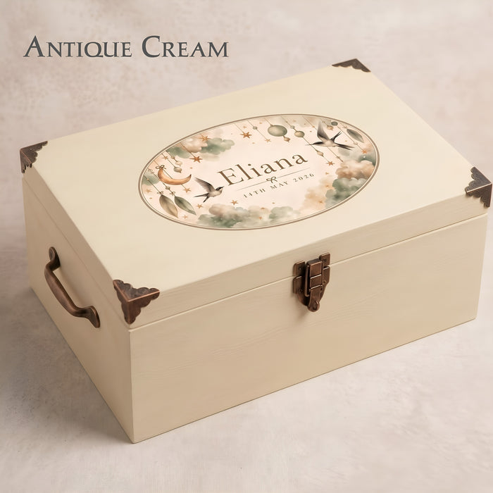 Extra Large Personalised Baby Memory Box with Lock and Cotton Lining, Wooden Keepsake Chest with Handles, Luxury New Baby and Christening Gift