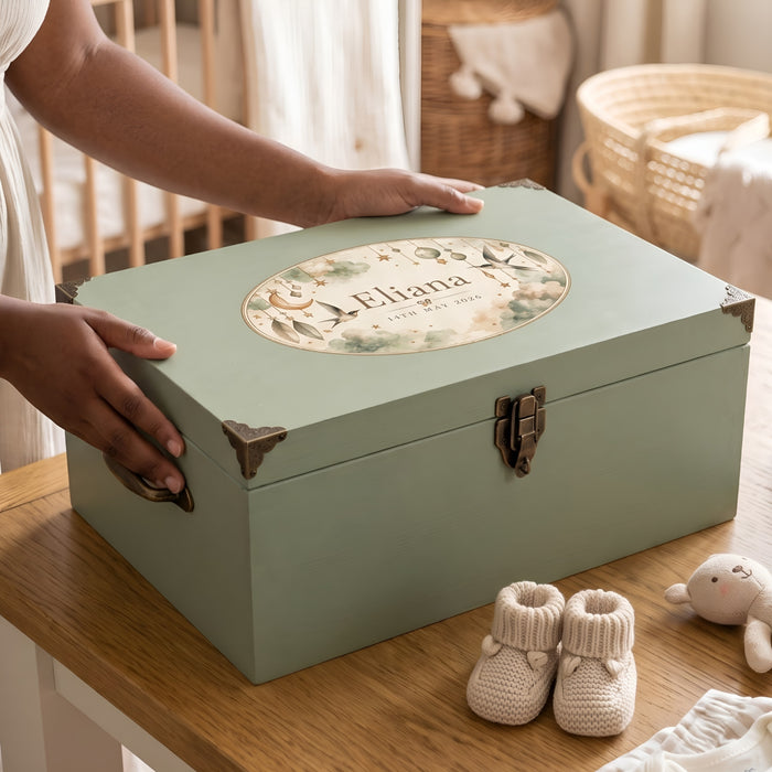 Extra Large Personalised Baby Memory Box with Lock and Cotton Lining, Wooden Keepsake Chest with Handles, Luxury New Baby and Christening Gift