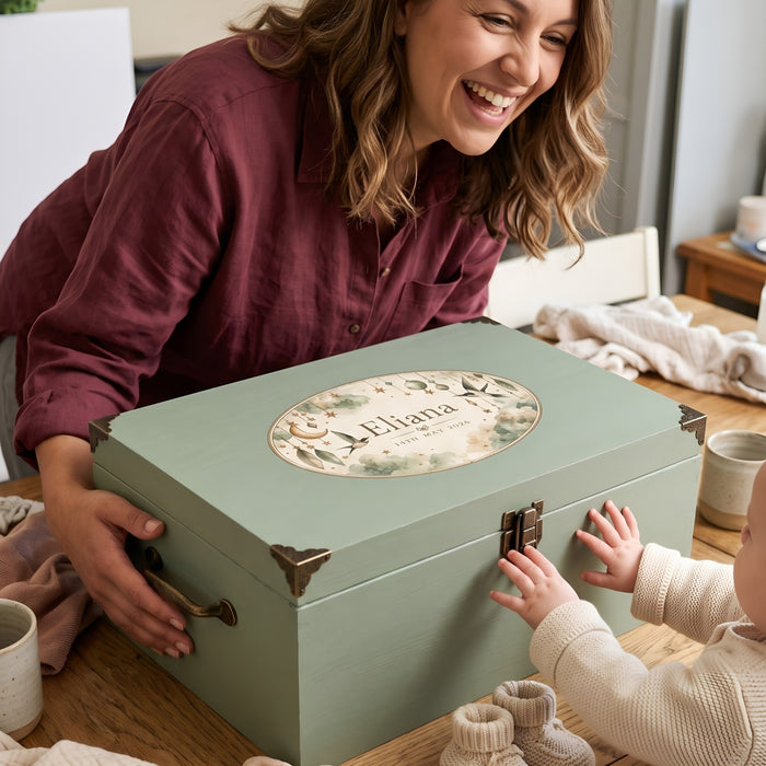 Extra Large Personalised Baby Memory Box with Lock and Cotton Lining, Wooden Keepsake Chest with Handles, Luxury New Baby and Christening Gift