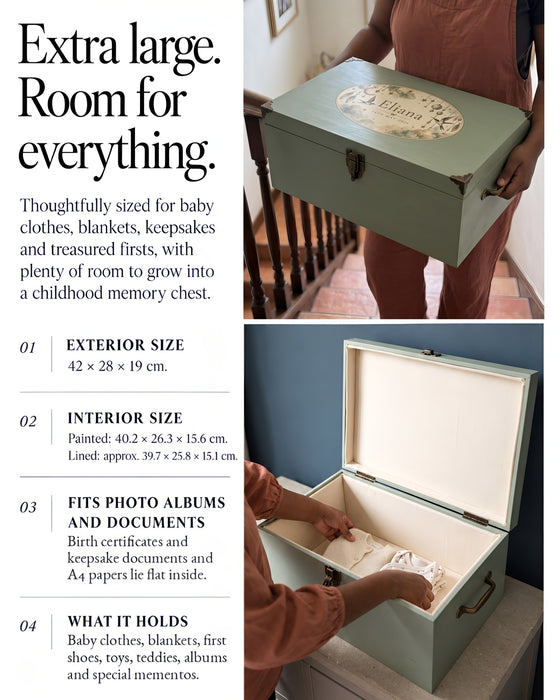 Extra Large Personalised Baby Memory Box with Lock and Cotton Lining, Wooden Keepsake Chest with Handles, Luxury New Baby and Christening Gift