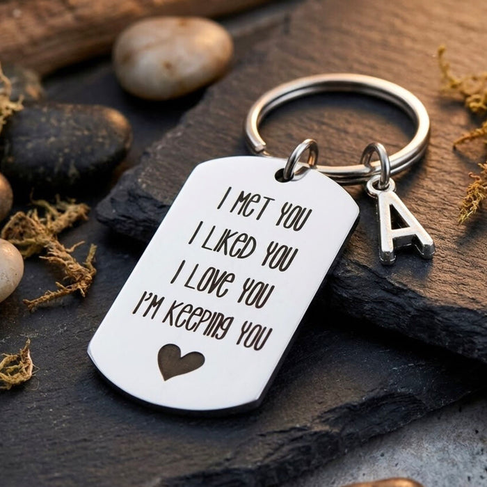 Funny Anniversary Keychain – Personalised Couple Keyring with Initial Charm