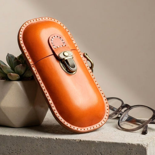 Genuine Leather Glasses Case with Hook | Hard Shell Eyewear Holder