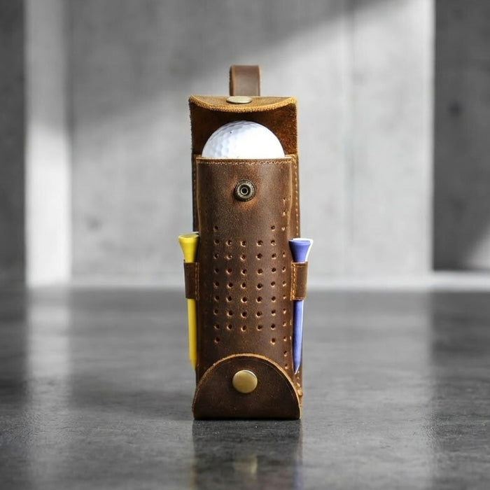 Genuine Leather Golf Ball Holder | 3 Ball & Tee Storage Pouch