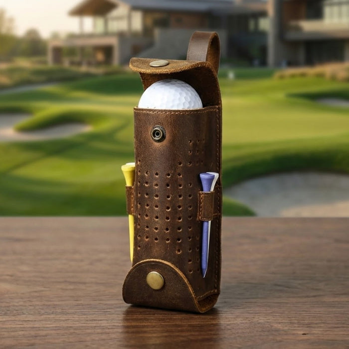 Genuine Leather Golf Ball Holder | 3 Ball & Tee Storage Pouch