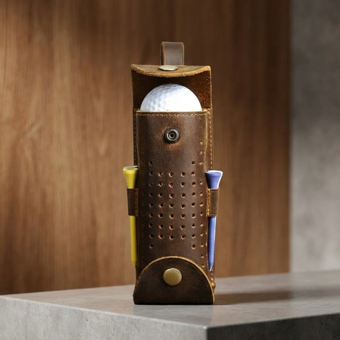 Genuine Leather Golf Ball Holder | 3 Ball & Tee Storage Pouch