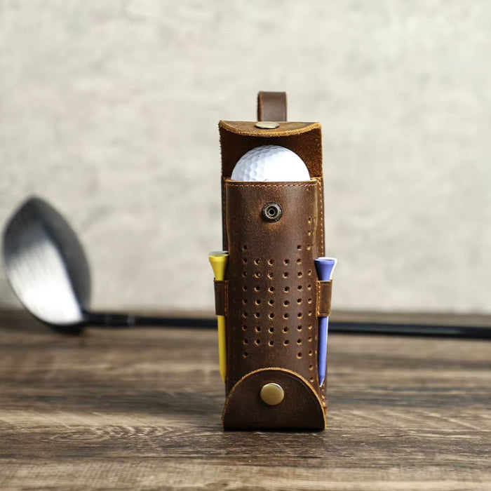 Genuine Leather Golf Ball Holder | 3 Ball & Tee Storage Pouch