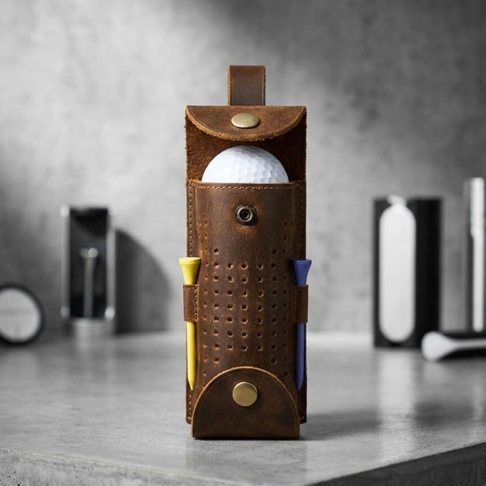 Genuine Leather Golf Ball Holder | 3 Ball & Tee Storage Pouch
