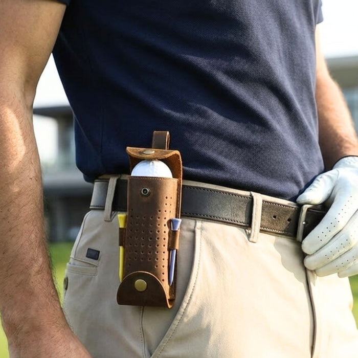 Genuine Leather Golf Ball Holder | 3 Ball & Tee Storage Pouch