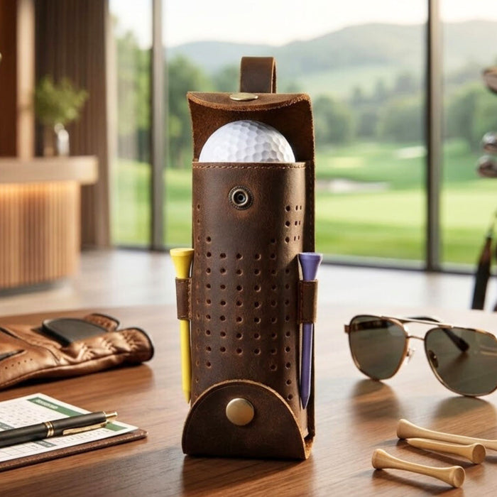 Genuine Leather Golf Ball Holder | 3 Ball & Tee Storage Pouch