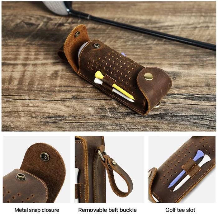 Genuine Leather Golf Ball Holder | 3 Ball & Tee Storage Pouch