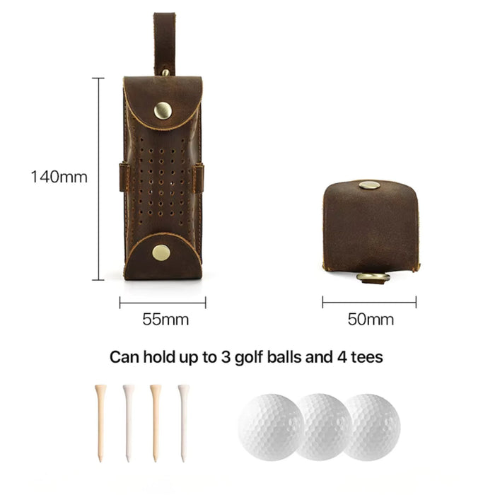 Genuine Leather Golf Ball Holder | 3 Ball & Tee Storage Pouch