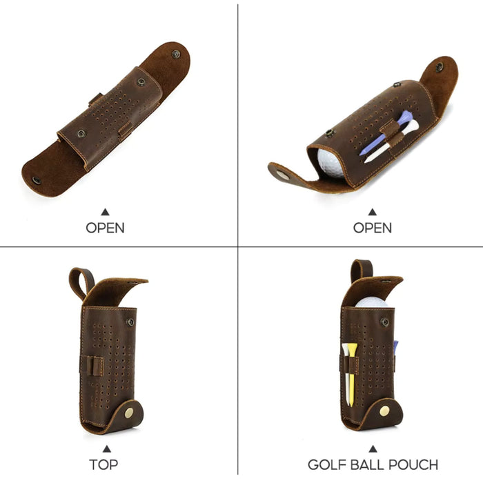 Genuine Leather Golf Ball Holder | 3 Ball & Tee Storage Pouch