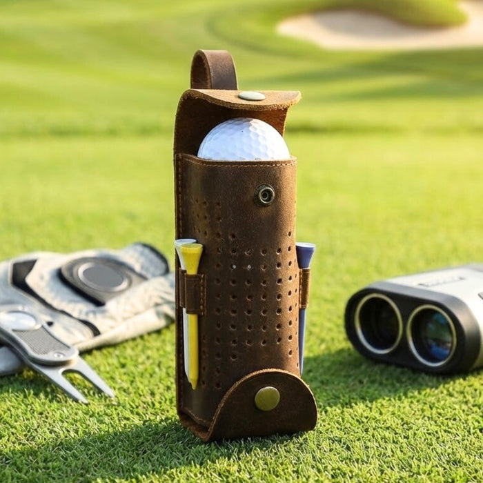 Genuine Leather Golf Ball Holder | 3 Ball & Tee Storage Pouch