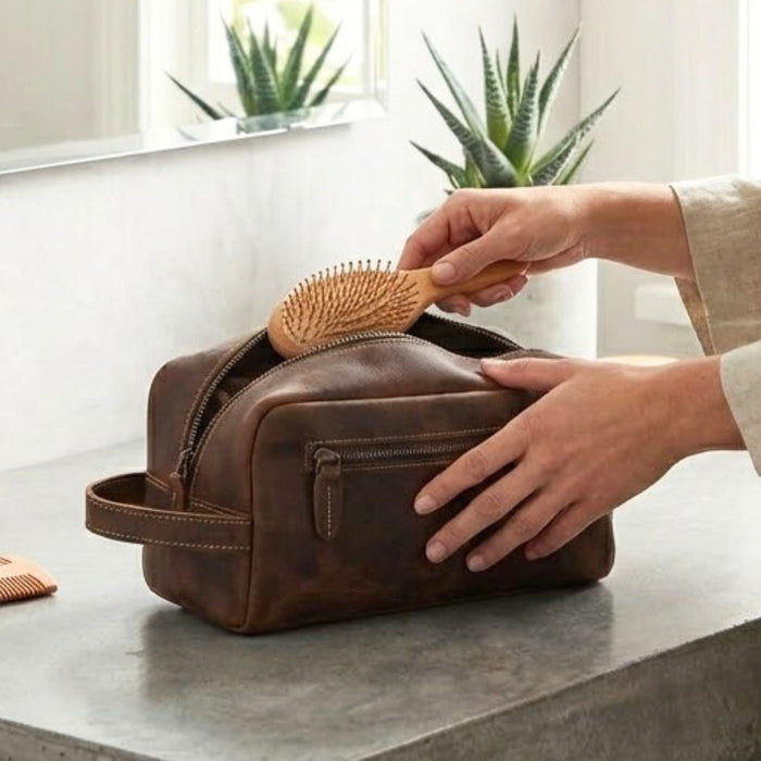 Genuine Leather Large Travel Wash Bag – Luxury Toiletry & Cosmetic Bag