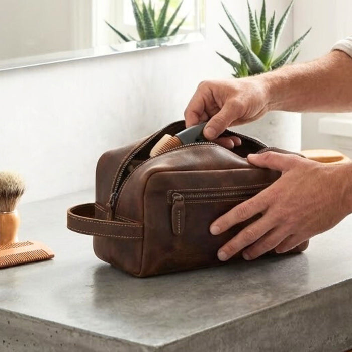 Genuine Leather Large Travel Wash Bag – Luxury Toiletry & Cosmetic Bag