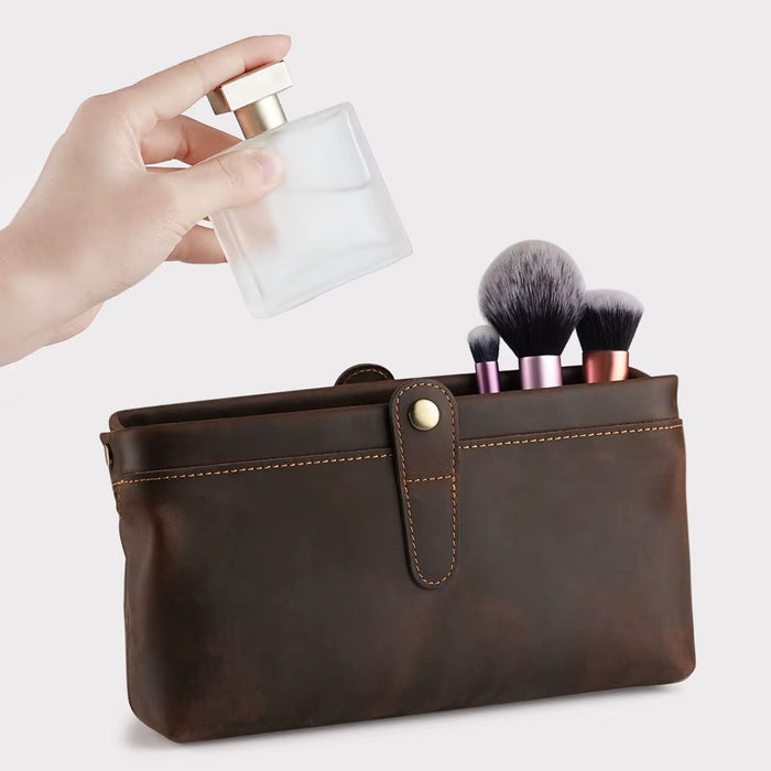 Genuine Leather Toiletry Bag | Compact Cosmetic Makeup Case