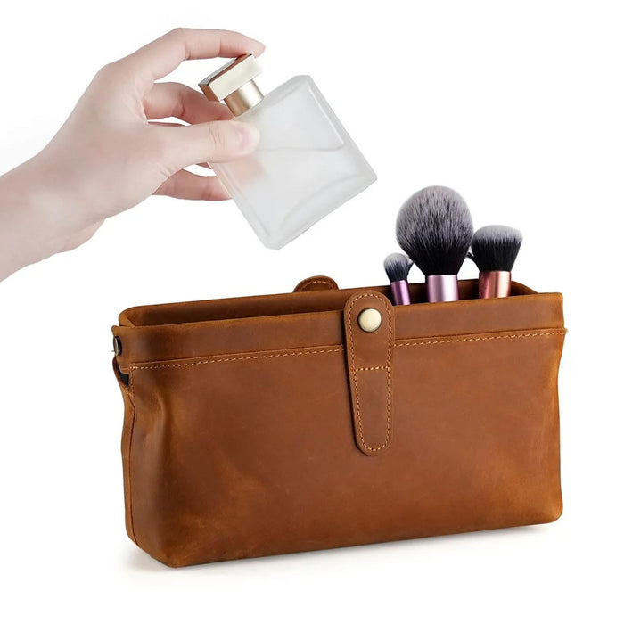 Genuine Leather Toiletry Bag | Compact Cosmetic Makeup Case