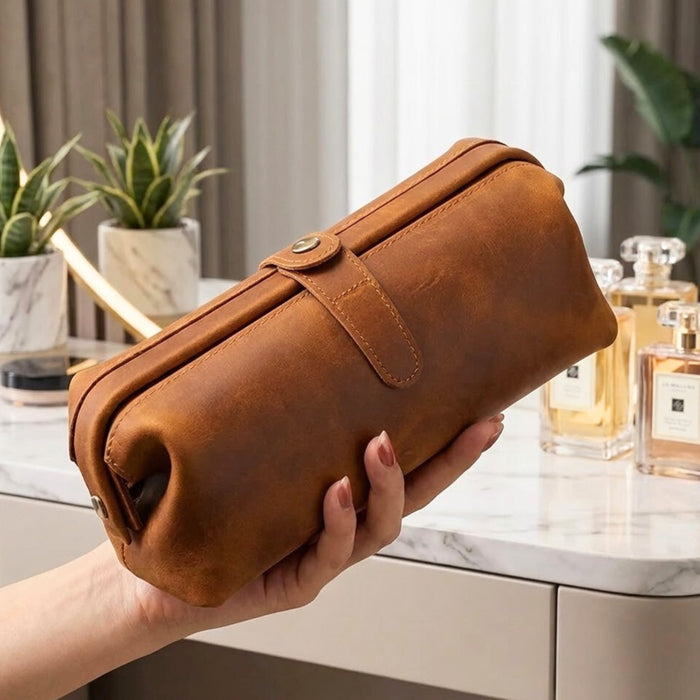 Genuine Leather Toiletry Bag | Compact Cosmetic Makeup Case