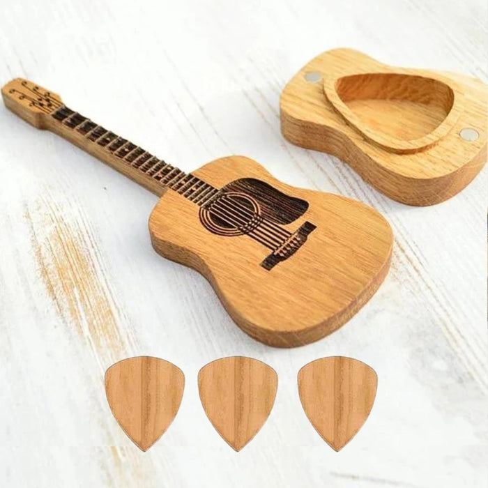 Guitar Pick Holder with Stand & 3 Picks – Wooden Acoustic Guitar Pick Box