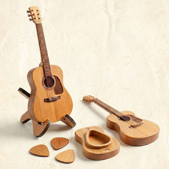 Guitar Pick Holder with Stand & 3 Picks – Wooden Acoustic Guitar Pick Box
