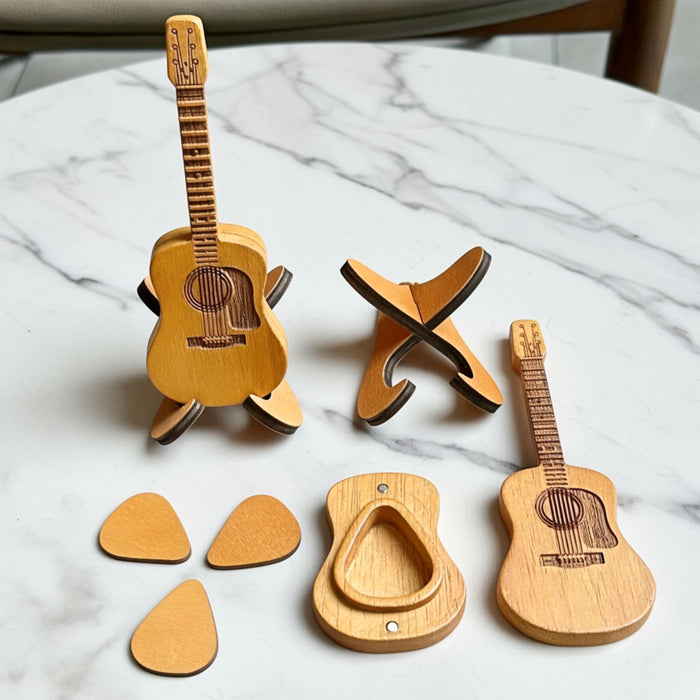 Guitar Pick Holder with Stand & 3 Picks – Wooden Acoustic Guitar Pick Box