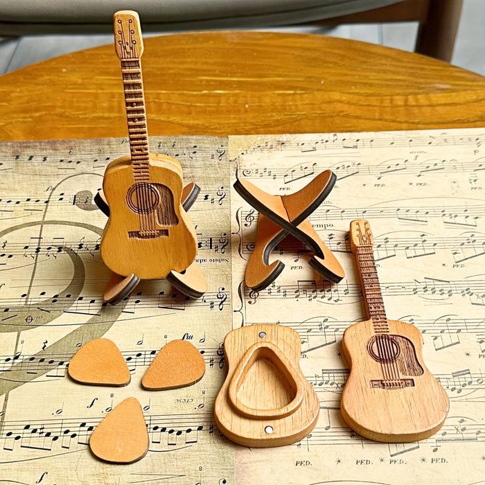 Guitar Pick Holder with Stand & 3 Picks – Wooden Acoustic Guitar Pick Box