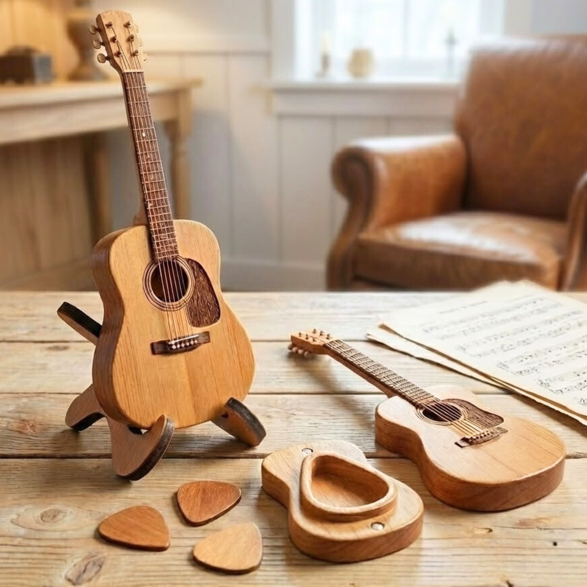 Guitar Pick Holder with Stand & 3 Picks – Wooden Acoustic Guitar Pick Box
