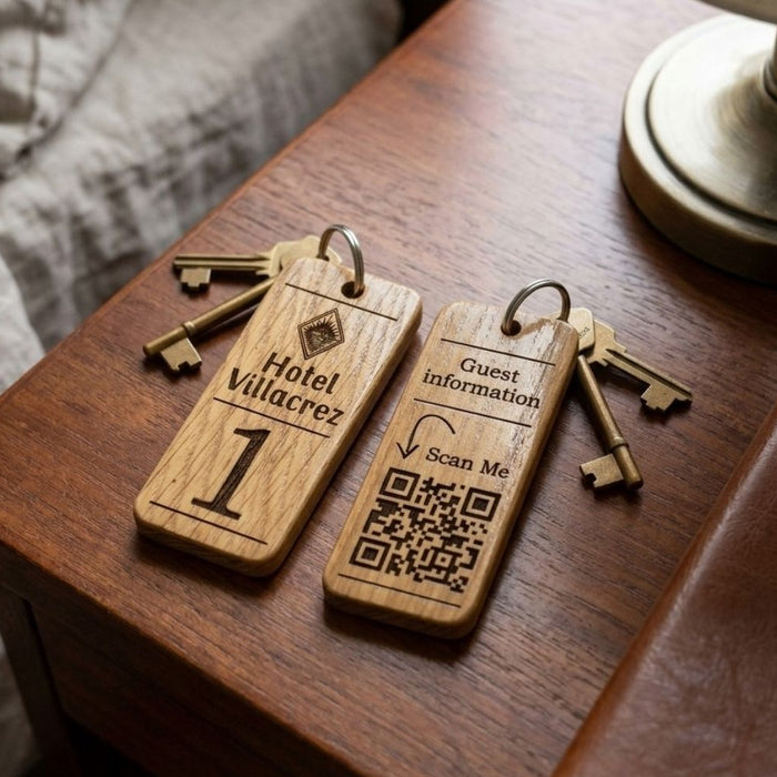 Personalised QR Code Wooden Keyring, Hotel QR Code Keyring, Custom Holiday Let Key Fob, Airbnb Guest Keyring, Engraved Business Keychain