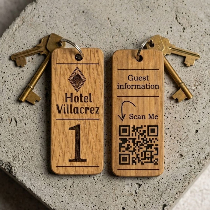 Hotel Guesthouse QR Code Keyring I Personalised Wooden Scanable Website Keyring I Custom QR Code Keychain