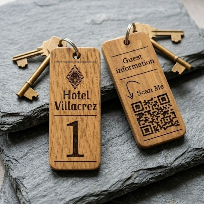 Hotel Guesthouse QR Code Keyring I Personalised Wooden Scanable Website Keyring I Custom QR Code Keychain