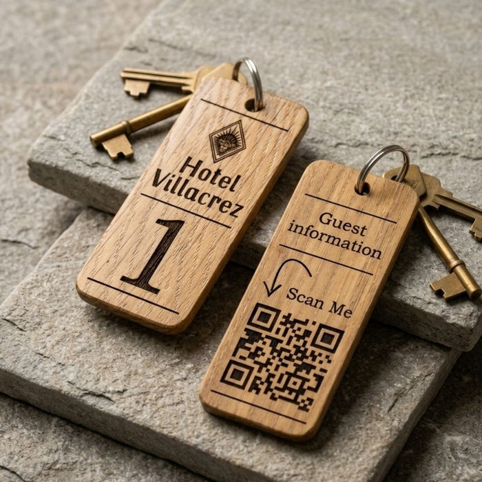 Hotel Guesthouse QR Code Keyring I Personalised Wooden Scanable Website Keyring I Custom QR Code Keychain