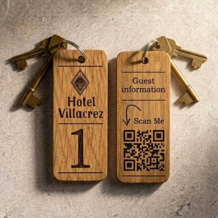 Hotel Guesthouse QR Code Keyring I Personalised Wooden Scanable Website Keyring I Custom QR Code Keychain