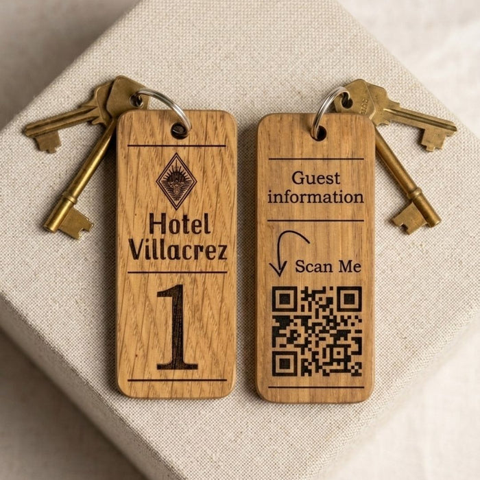 Hotel Guesthouse QR Code Keyring I Personalised Wooden Scanable Website Keyring I Custom QR Code Keychain