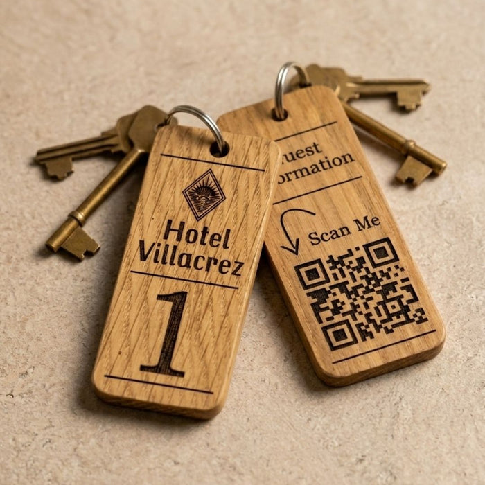 Hotel Guesthouse QR Code Keyring I Personalised Wooden Scanable Website Keyring I Custom QR Code Keychain